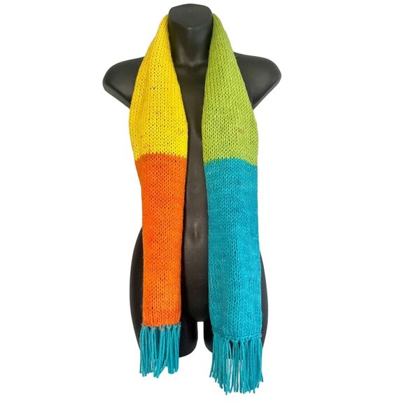 Handmade Knit Scarf with Tassels Details in Green Yellow Orange and Blue hand ma - Picture 6 of 9